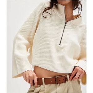 Free People Off-White Greta Half Zip Cropped Sweater Womens Size L